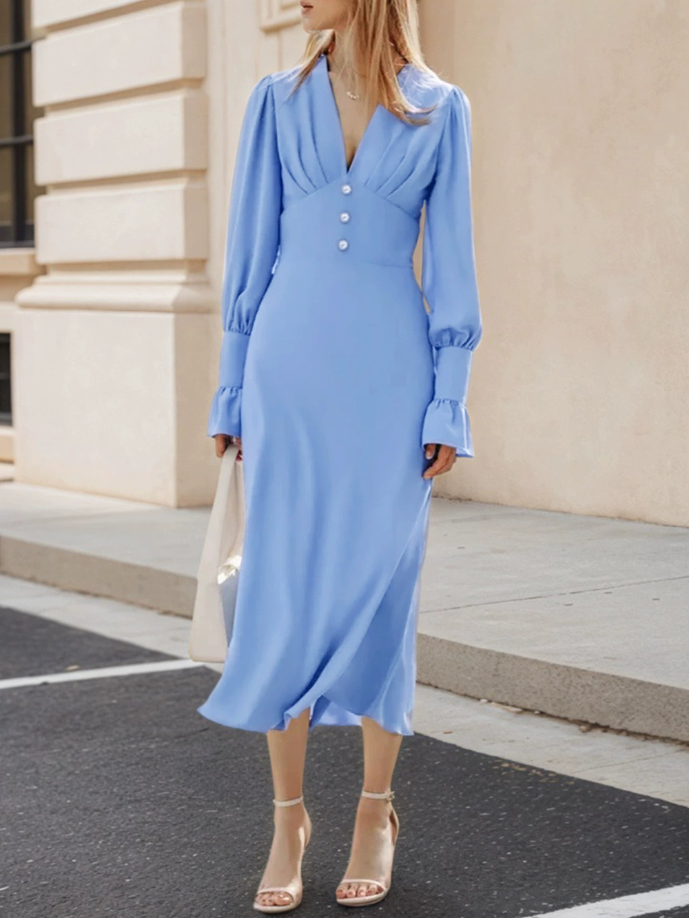 ZARA Elegant Office Pleated Deep V-Neck Button Waist Lantern Sleeve Dress